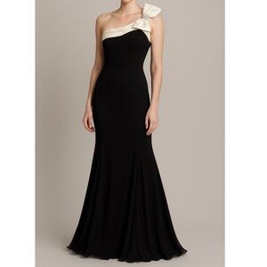 Cache long black elegant one shoulder holiday party dress with bow detail
